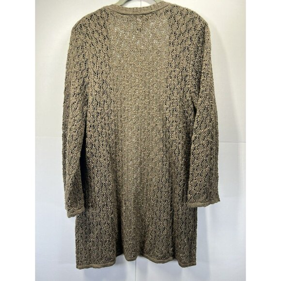 Chicos Sweater Open Crochet Size Large Tan Brown Beach Stretch Cotton Blend Knit - Picture 8 of 9